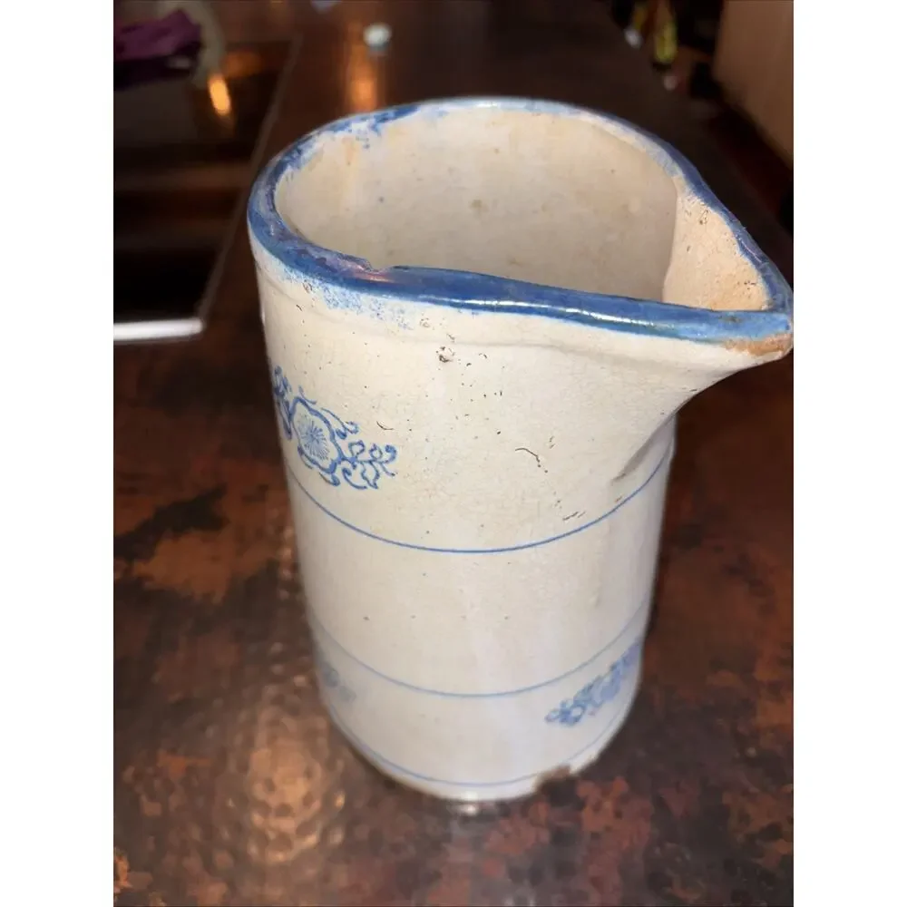 Antique Blue White Stoneware Pitcher Hull Band Stripe Flower Medallion Design